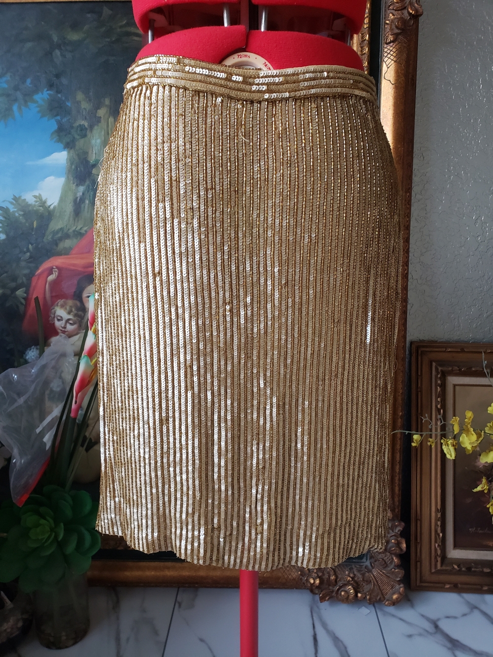 INC International Concepts Gold Sequin Pleated Pencil Skirt